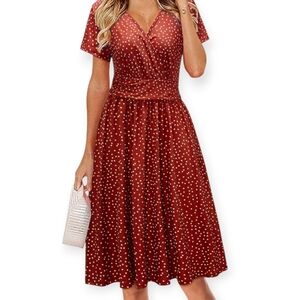 OUGES Rust Polka Dot Midi Dress with Pockets